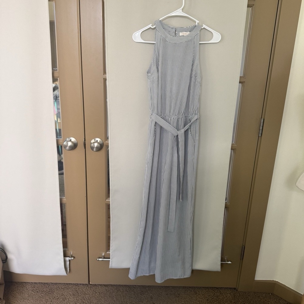 Monteau Womens Small Grey White Stripe High Neck Sleeveless Wide Leg Jumpsuit